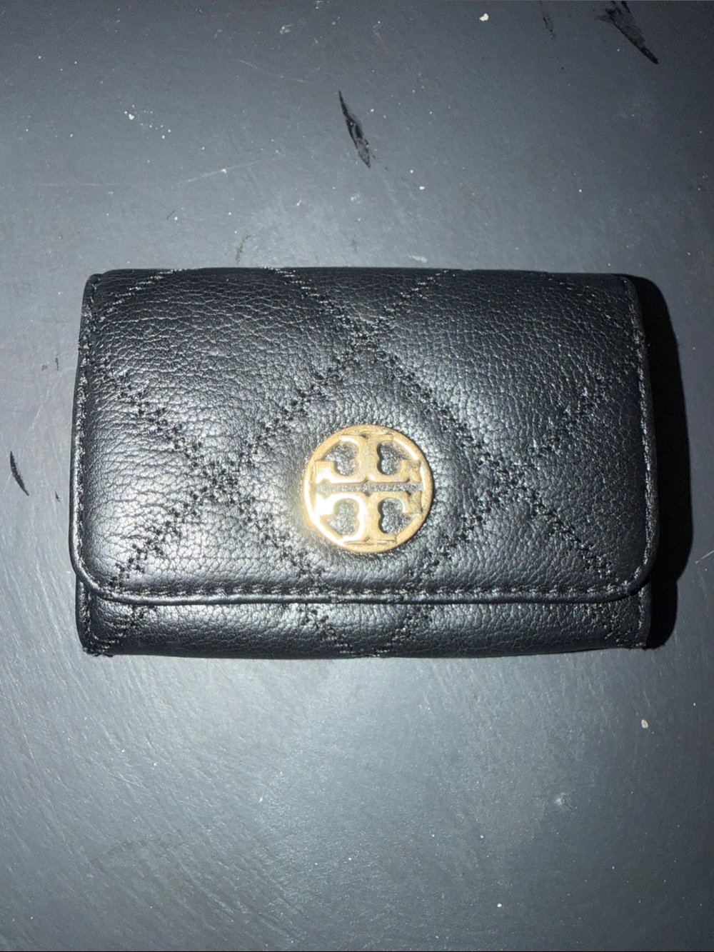 Tory Burch Black Quilted Leather Card & Key Pouch with Gold Logo